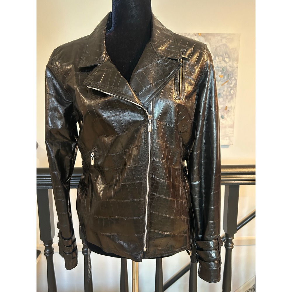 Neto Black Croc Embossed Leather Moto Jacket Belted Made in Canada Womens 10